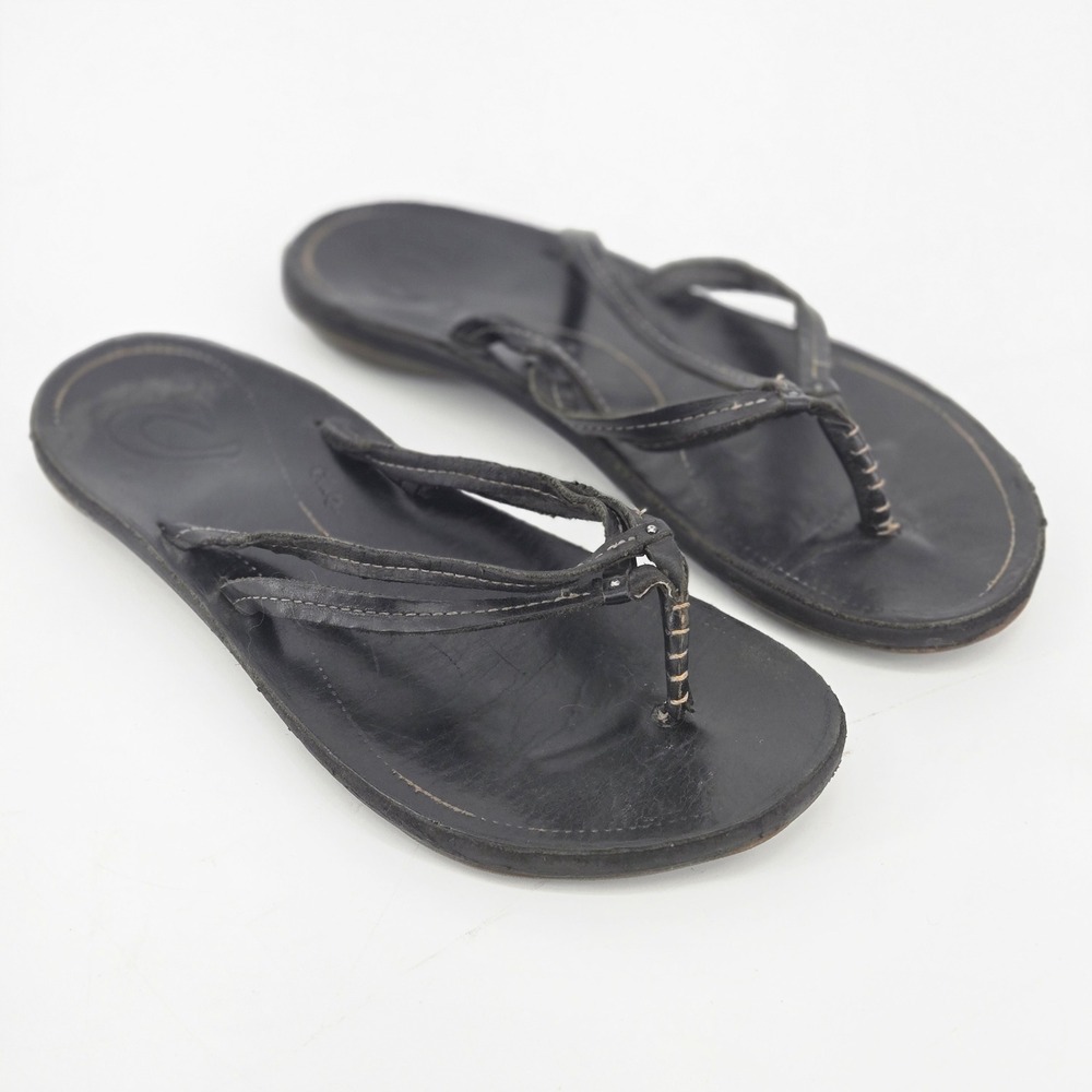 OluKai U'i Black Premium Leather Metallic Braided Comfort Flip Flops Sandals 10